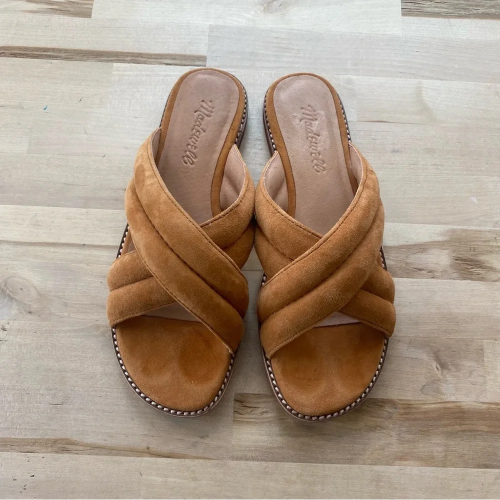 Madewell brown suede leather cross strap slide sandals size 6.5